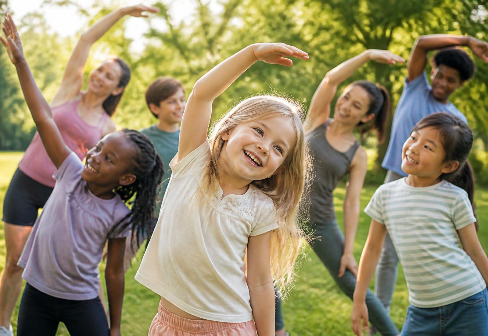 Children, teens, and caregivers stretching and laughing together outdoors in a sunlit park